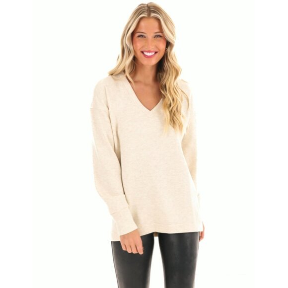 Spanx AirEssentials Brushed Tunic Cream Heather V-Neck Sweater Fleece Sweatshirt - Picture 1 of 12